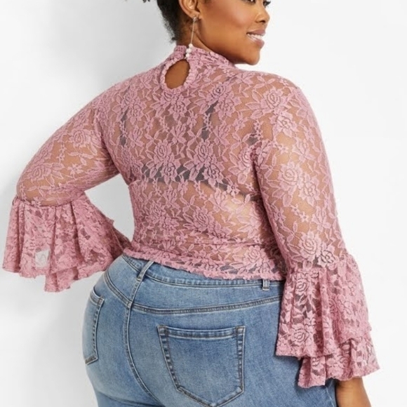 Lace Mock Neck Bell Sleeve Top - Picture 2 of 4